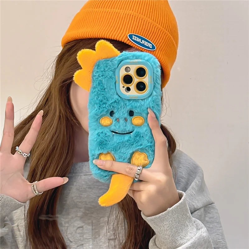 ShopCaseCart Kickstand Stand iPhone 15 Pro Max Protective cover Monster Dinosaur Lens Kickstand TPU Warm Plush Phone Guard
