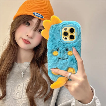 ShopCaseCart Kickstand Stand iPhone 15 Pro Max Protective cover Monster Dinosaur Lens Kickstand TPU Warm Plush Phone Guard