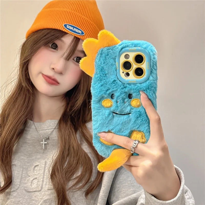 ShopCaseCart Kickstand Stand iPhone 15 Pro Max Protective cover Monster Dinosaur Lens Kickstand TPU Warm Plush Phone Guard