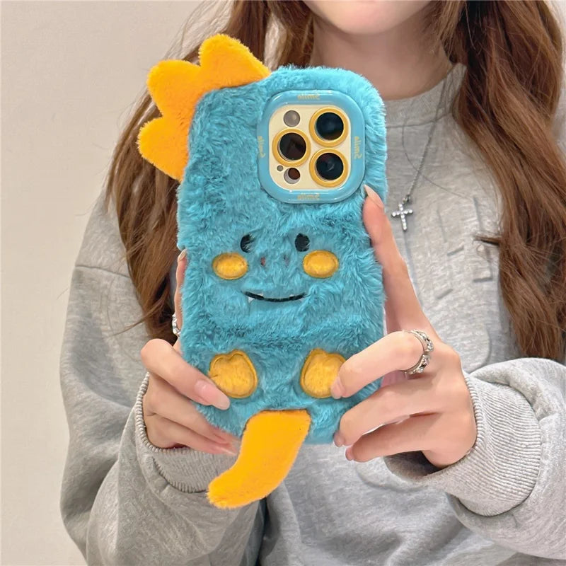 ShopCaseCart Kickstand Stand iPhone 15 Pro Max Protective cover Monster Dinosaur Lens Kickstand TPU Warm Plush Phone Guard