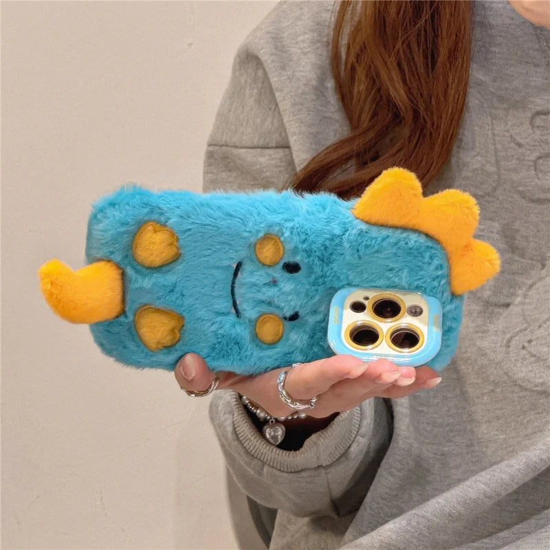 ShopCaseCart Kickstand Stand iPhone 15 Pro Max Protective cover Monster Dinosaur Lens Kickstand TPU Warm Plush Phone Guard