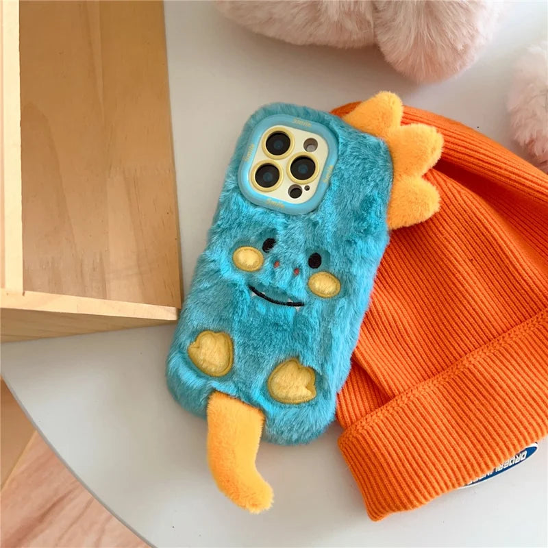 ShopCaseCart Kickstand Stand iPhone 15 Pro Max Protective cover Monster Dinosaur Lens Kickstand TPU Warm Plush Phone Guard