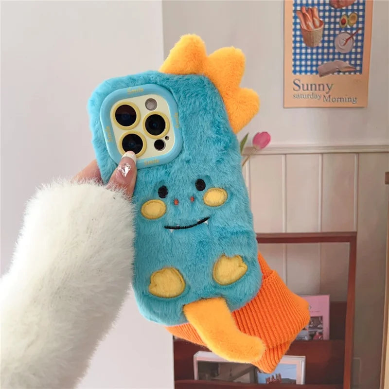 ShopCaseCart Kickstand Stand iPhone 15 Pro Max Protective cover Monster Dinosaur Lens Kickstand TPU Warm Plush Phone Guard