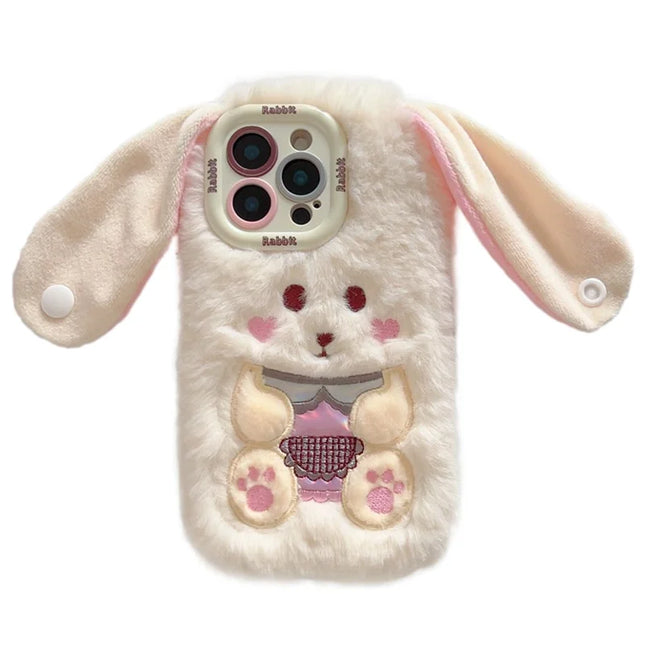 KJS-023 For iPhone 15 Pro Max Case Cute Rabbit Lens Kickstand TPU Warm Plush Handheld Phone Cover - White