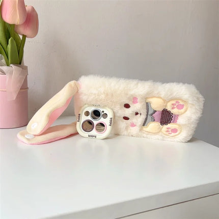 ShopCaseCart Stylish Kickstand iPhone 15 Pro Max Protective cover Cute Rabbit Lens Kickstand TPU Warm Plush Handheld Phone Guard