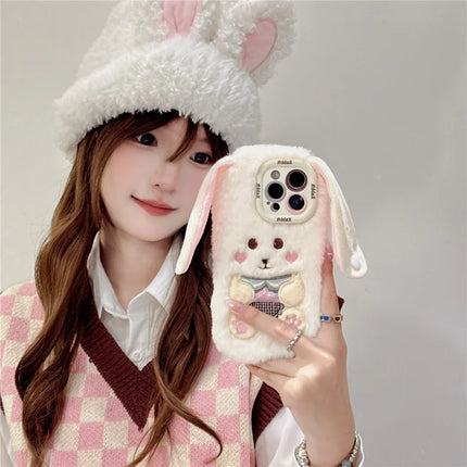 ShopCaseCart Stylish Kickstand iPhone 15 Pro Max Protective cover Cute Rabbit Lens Kickstand TPU Warm Plush Handheld Phone Guard