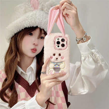ShopCaseCart Stylish Kickstand iPhone 15 Pro Max Protective cover Cute Rabbit Lens Kickstand TPU Warm Plush Handheld Phone Guard