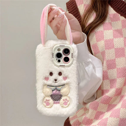 ShopCaseCart Stylish Kickstand iPhone 15 Pro Max Protective cover Cute Rabbit Lens Kickstand TPU Warm Plush Handheld Phone Guard