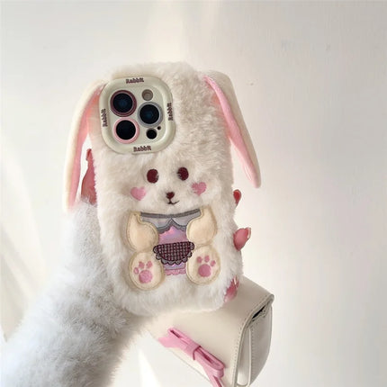ShopCaseCart Stylish Kickstand iPhone 15 Pro Max Protective cover Cute Rabbit Lens Kickstand TPU Warm Plush Handheld Phone Guard