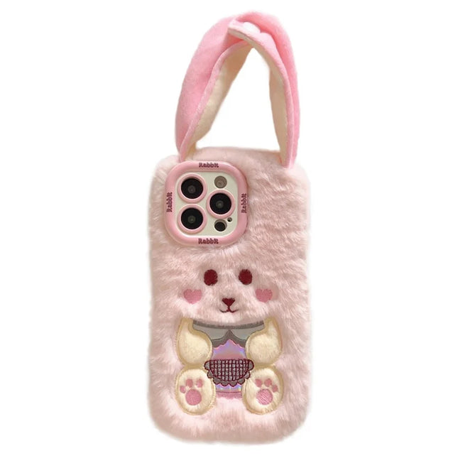 KJS-023 For iPhone 15 Pro Max Case Cute Rabbit Lens Kickstand TPU Warm Plush Handheld Phone Cover - Pink