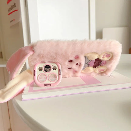 ShopCaseCart Stylish Kickstand iPhone 15 Pro Max Protective cover Cute Rabbit Lens Kickstand TPU Warm Plush Handheld Phone Guard
