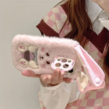 ShopCaseCart Stylish Kickstand iPhone 15 Pro Max Protective cover Cute Rabbit Lens Kickstand TPU Warm Plush Handheld Phone Guard