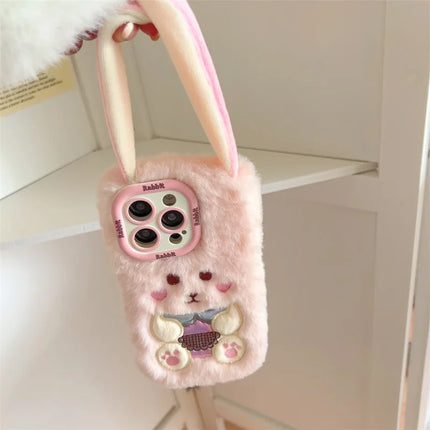 ShopCaseCart Stylish Kickstand iPhone 15 Pro Max Protective cover Cute Rabbit Lens Kickstand TPU Warm Plush Handheld Phone Guard