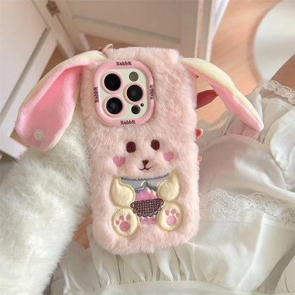 ShopCaseCart Stylish Kickstand iPhone 15 Pro Max Protective cover Cute Rabbit Lens Kickstand TPU Warm Plush Handheld Phone Guard