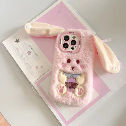 ShopCaseCart Stylish Kickstand iPhone 15 Pro Max Protective cover Cute Rabbit Lens Kickstand TPU Warm Plush Handheld Phone Guard