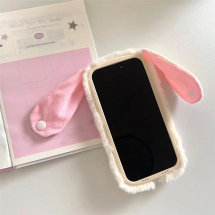 ShopCaseCart Stylish Kickstand iPhone 15 Pro Max Protective cover Cute Rabbit Lens Kickstand TPU Warm Plush Handheld Phone Guard