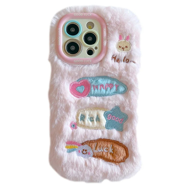 KJS-015 For iPhone 15 Pro Max Case Cute Doodle Bunny Lens Kickstand TPU Plush Furry Phone Cover - Pink