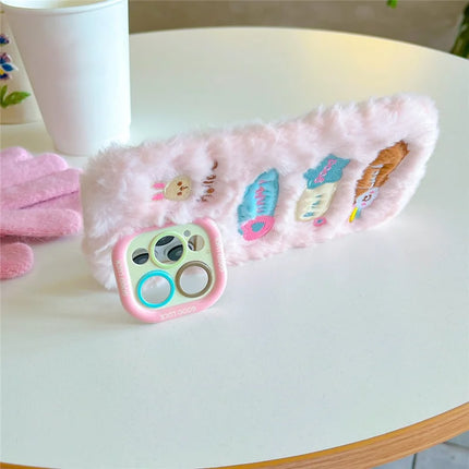 ShopCaseCart Kickstand Stand iPhone 15 Pro Max Protective cover Cute Doodle Bunny Lens Kickstand TPU Plush Furry Phone Guard