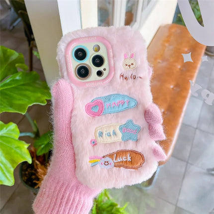 ShopCaseCart Kickstand Stand iPhone 15 Pro Max Protective cover Cute Doodle Bunny Lens Kickstand TPU Plush Furry Phone Guard