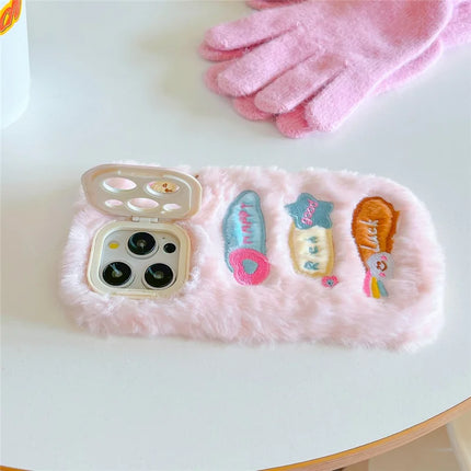 ShopCaseCart Kickstand Stand iPhone 15 Pro Max Protective cover Cute Doodle Bunny Lens Kickstand TPU Plush Furry Phone Guard