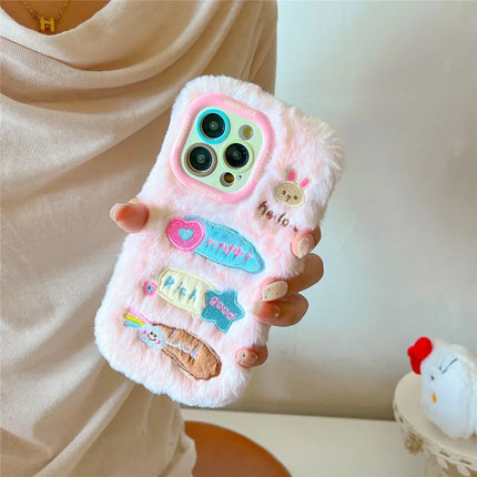 ShopCaseCart Kickstand Stand iPhone 15 Pro Max Protective cover Cute Doodle Bunny Lens Kickstand TPU Plush Furry Phone Guard