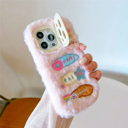 ShopCaseCart Kickstand Stand iPhone 15 Pro Max Protective cover Cute Doodle Bunny Lens Kickstand TPU Plush Furry Phone Guard