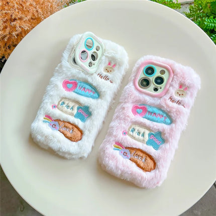 ShopCaseCart Kickstand Stand iPhone 15 Pro Max Protective cover Cute Doodle Bunny Lens Kickstand TPU Plush Furry Phone Guard