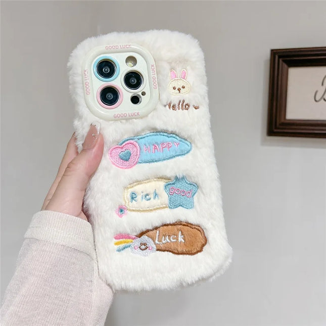 KJS-015 For iPhone 15 Pro Max Case Cute Doodle Bunny Lens Kickstand TPU Plush Furry Phone Cover - White