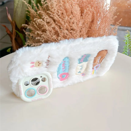 ShopCaseCart Kickstand Stand iPhone 15 Pro Max Protective cover Cute Doodle Bunny Lens Kickstand TPU Plush Furry Phone Guard