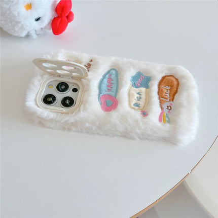 ShopCaseCart Kickstand Stand iPhone 15 Pro Max Protective cover Cute Doodle Bunny Lens Kickstand TPU Plush Furry Phone Guard
