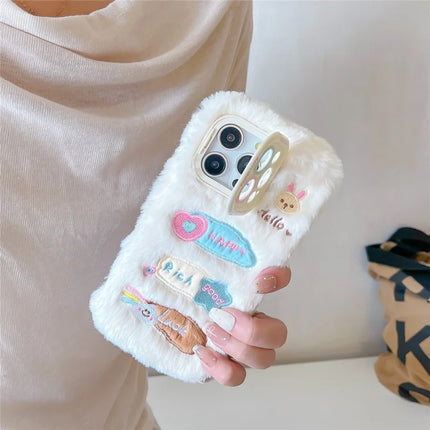 ShopCaseCart Kickstand Stand iPhone 15 Pro Max Protective cover Cute Doodle Bunny Lens Kickstand TPU Plush Furry Phone Guard