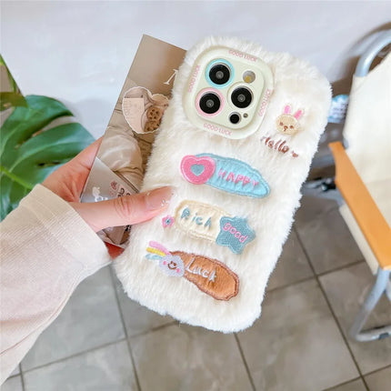 ShopCaseCart Kickstand Stand iPhone 15 Pro Max Protective cover Cute Doodle Bunny Lens Kickstand TPU Plush Furry Phone Guard
