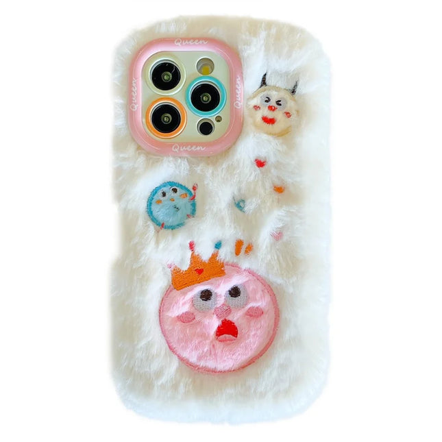 KJS-014 For iPhone 15 Pro Max Case Planet Monster Lens Kickstand TPU Plush Furry Phone Cover - White