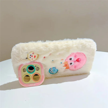 ShopCaseCart Kickstand Stand iPhone 15 Pro Max Protective cover Planet Monster Lens Kickstand TPU Plush Furry Phone Guard