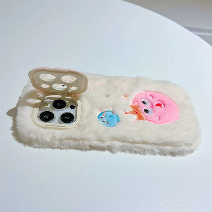 ShopCaseCart Kickstand Stand iPhone 15 Pro Max Protective cover Planet Monster Lens Kickstand TPU Plush Furry Phone Guard