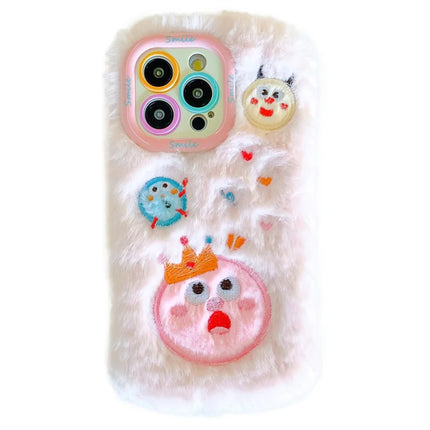 KJS-014 For iPhone 15 Pro Max Case Planet Monster Lens Kickstand TPU Plush Furry Phone Cover - Pink