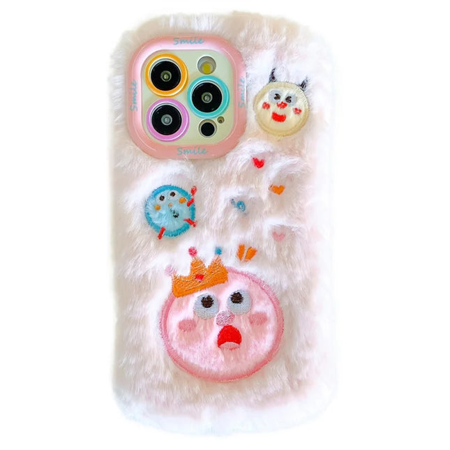 KJS-014 For iPhone 15 Pro Max Case Planet Monster Lens Kickstand TPU Plush Furry Phone Cover - Pink