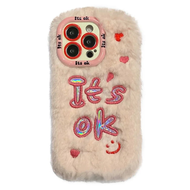 KJS-006 For iPhone 15 Pro Max Case It’S OK Lens Kickstand TPU Plush Furry Phone Cover - Pink