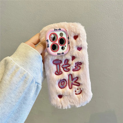 ShopCaseCart Kickstand Stand iPhone 15 Pro Max Protective cover It’S OK Lens Kickstand TPU Plush Furry Phone Guard