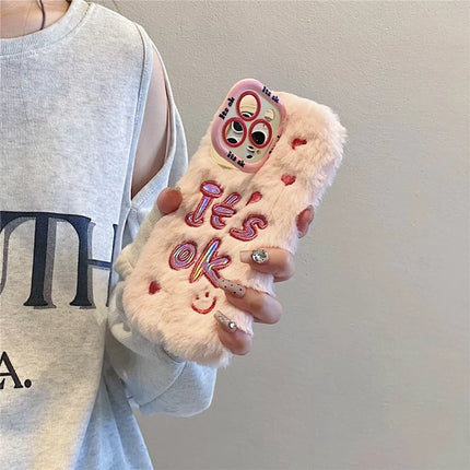 ShopCaseCart Kickstand Stand iPhone 15 Pro Max Protective cover It’S OK Lens Kickstand TPU Plush Furry Phone Guard