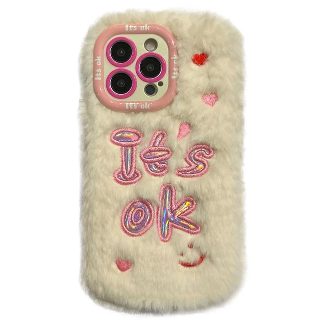 KJS-006 For iPhone 15 Pro Max Case It’S OK Lens Kickstand TPU Plush Furry Phone Cover - White