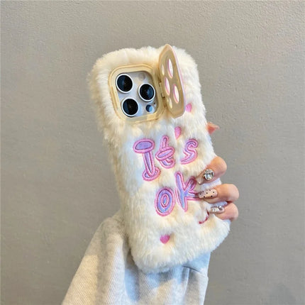 ShopCaseCart Kickstand Stand iPhone 15 Pro Max Protective cover It’S OK Lens Kickstand TPU Plush Furry Phone Guard