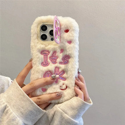 ShopCaseCart Kickstand Stand iPhone 15 Pro Max Protective cover It’S OK Lens Kickstand TPU Plush Furry Phone Guard