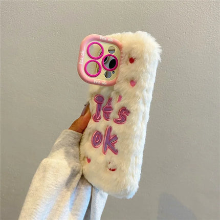 ShopCaseCart Kickstand Stand iPhone 15 Pro Max Protective cover It’S OK Lens Kickstand TPU Plush Furry Phone Guard
