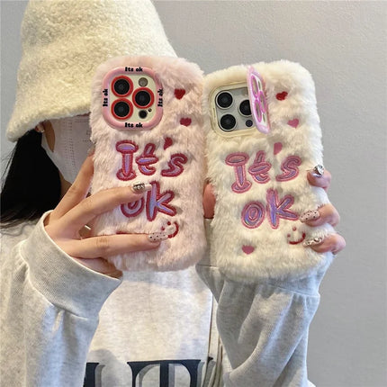ShopCaseCart Kickstand Stand iPhone 15 Pro Max Protective cover It’S OK Lens Kickstand TPU Plush Furry Phone Guard