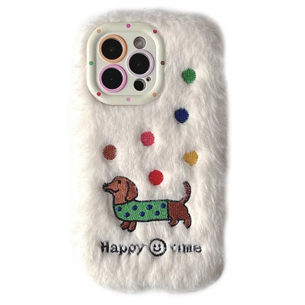 KJS-029 For iPhone 15 Pro Max Case Embroidered Dachshund Lens Kickstand TPU Plush Furry Phone Cover - White