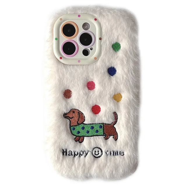 KJS-029 For iPhone 15 Pro Max Case Embroidered Dachshund Lens Kickstand TPU Plush Furry Phone Cover - White