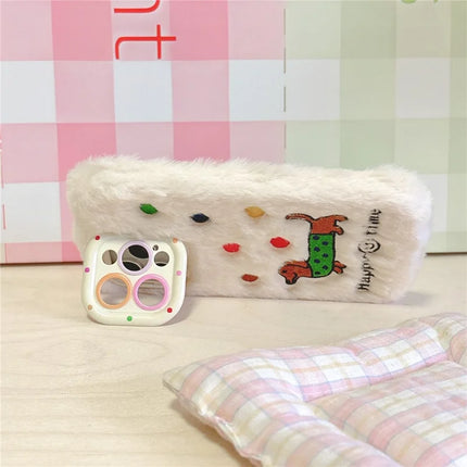 ShopCaseCart Kickstand Stand iPhone 15 Pro Max Protective cover Embroidered Dachshund Lens Kickstand TPU Plush Furry Phone Guard
