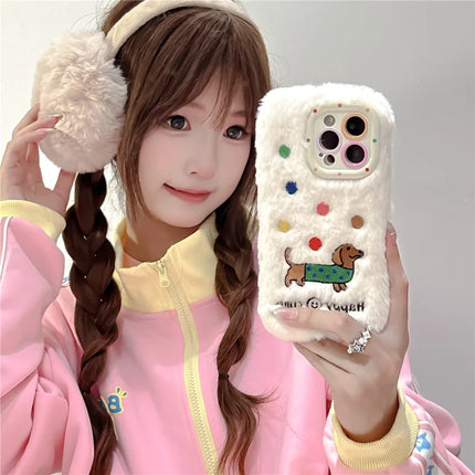 ShopCaseCart Kickstand Stand iPhone 15 Pro Max Protective cover Embroidered Dachshund Lens Kickstand TPU Plush Furry Phone Guard