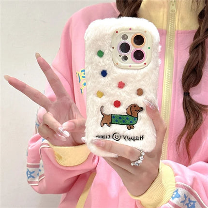 ShopCaseCart Kickstand Stand iPhone 15 Pro Max Protective cover Embroidered Dachshund Lens Kickstand TPU Plush Furry Phone Guard